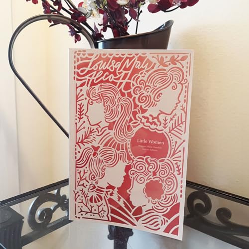 Red cover of "Little Women" book with floral line art design.