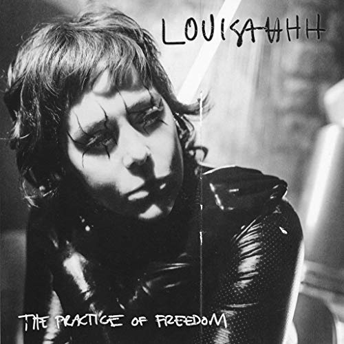 Black and white portrait of Louisahhh with dark eye makeup and text.