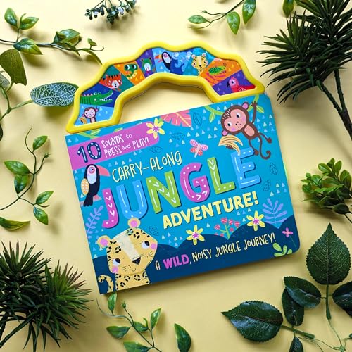 Children’s book with a handle, jungle animals, and colorful illustrations.
