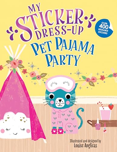 Sticker book cover with a cat in pajamas and a tent illustration.