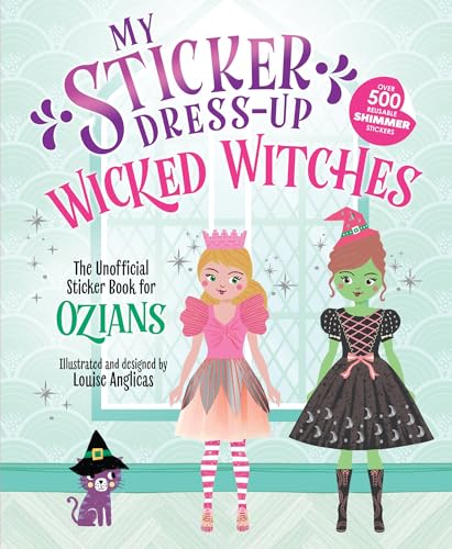 Sticker dress-up book cover featuring two girls dressed as witches and a cat.