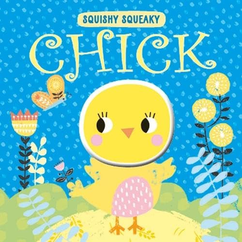 Yellow chick with pink polka dots, illustrated on a blue background.