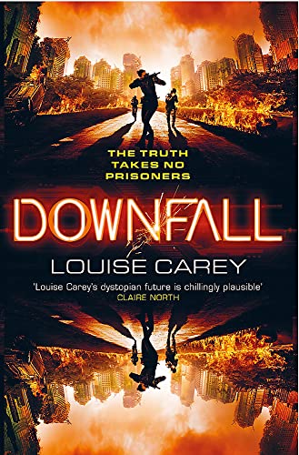 Book cover: “Downfall” depicts a fiery, ruined cityscape and a running figure.