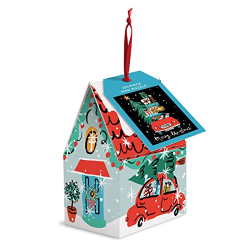 House-shaped Christmas ornament with a red car puzzle inside.