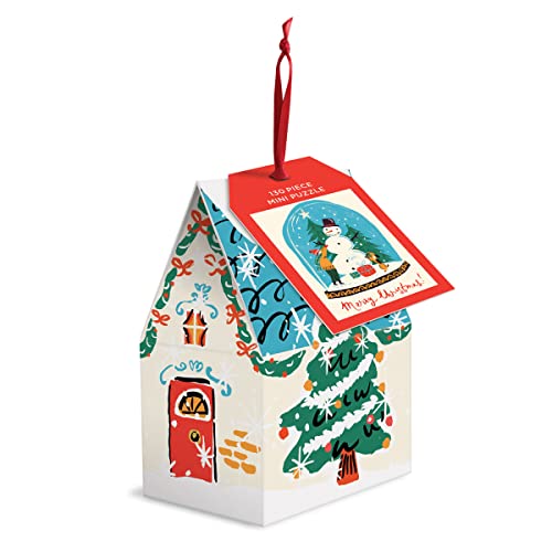 Snow globe puzzle ornament in a decorated gable box with a red ribbon.