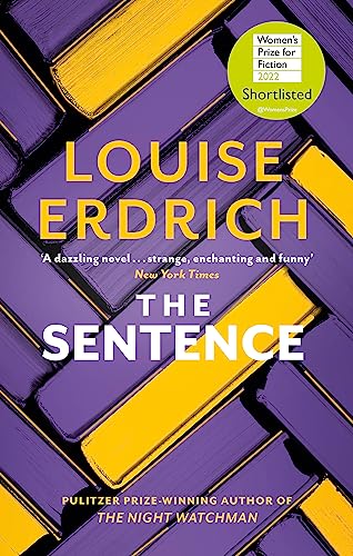 Book cover for "The Sentence" by Louise Erdrich, purple and yellow design.