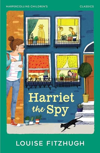 Book cover: girl spying with notebook, buildings, and a black cat.
