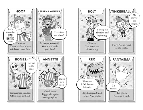 Eight black and white character cards featuring creatures with speech bubbles and descriptive text.