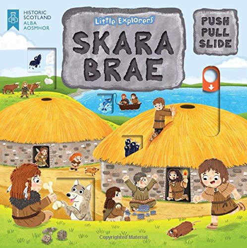 Illustrated children’s book cover depicting ancient stone houses at Skara Brae.