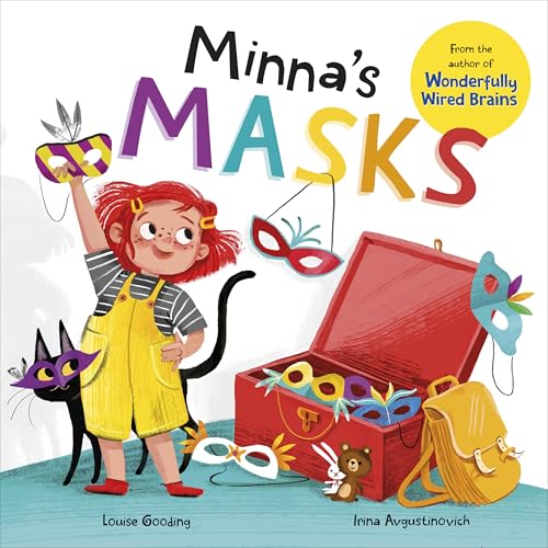 Illustration of a girl with red hair and a cat surrounded by colorful masks.