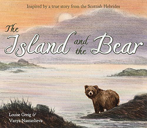 A brown bear stands on a rocky shore overlooking a misty island landscape.