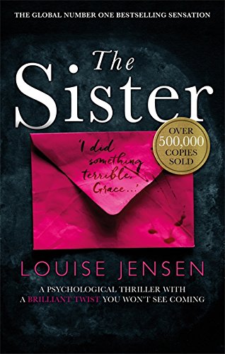 Book cover for “The Sister” featuring a pink envelope and dark background.