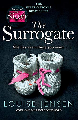 Book cover: "The Surrogate" with baby booties and pink ribbon.