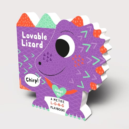 Purple dinosaur-shaped board book with large eye and text: "Loveable Lizard.