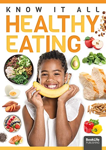 Book cover: girl with banana, healthy foods, and text “Healthy Eating”.