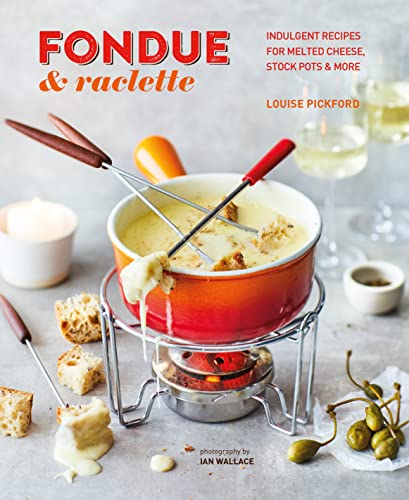 Cookbook cover featuring a red fondue pot with melted cheese and bread cubes.
