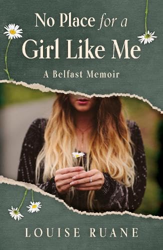 Book cover: woman with long hair behind torn paper, daisies.