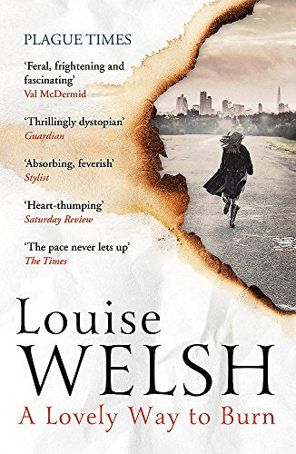 Book cover: woman walking on a road, torn paper effect, dark cityscape.