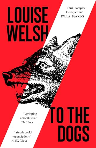 Book cover with a black and white illustration of a dog on red background.