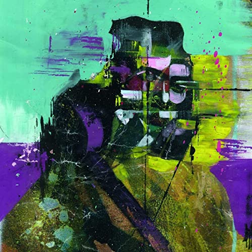Abstract portrait in green, purple, and black with textured brushstrokes.