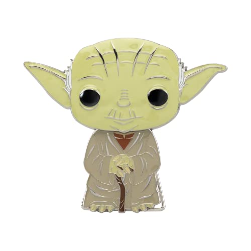 Enamel pin of Yoda from Star Wars, facing forward with a cane.