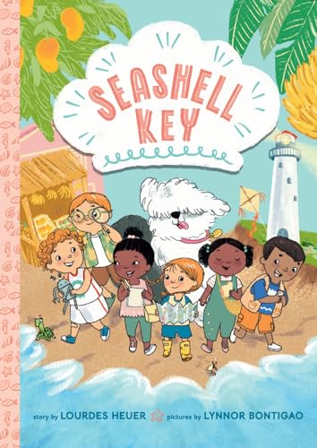 Children and a fluffy dog on a beach with a lighthouse.