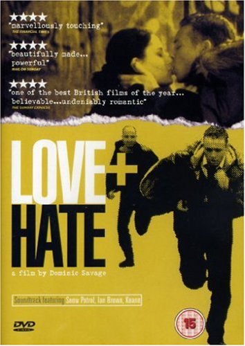 "DVD cover with 'Love + Hate' title, yellow background, and silhouetted figures."