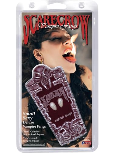 Plastic packaging displays vampire fangs and a woman with a playful expression.