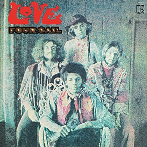 "Album cover with four men, green-toned, with red title 'Love' and black subtitle 'Four Sail'."