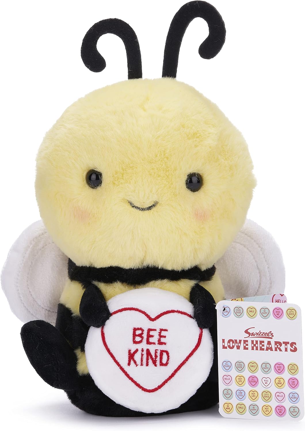 Yellow and black bee plush with a red heart reading "BEE KIND".
