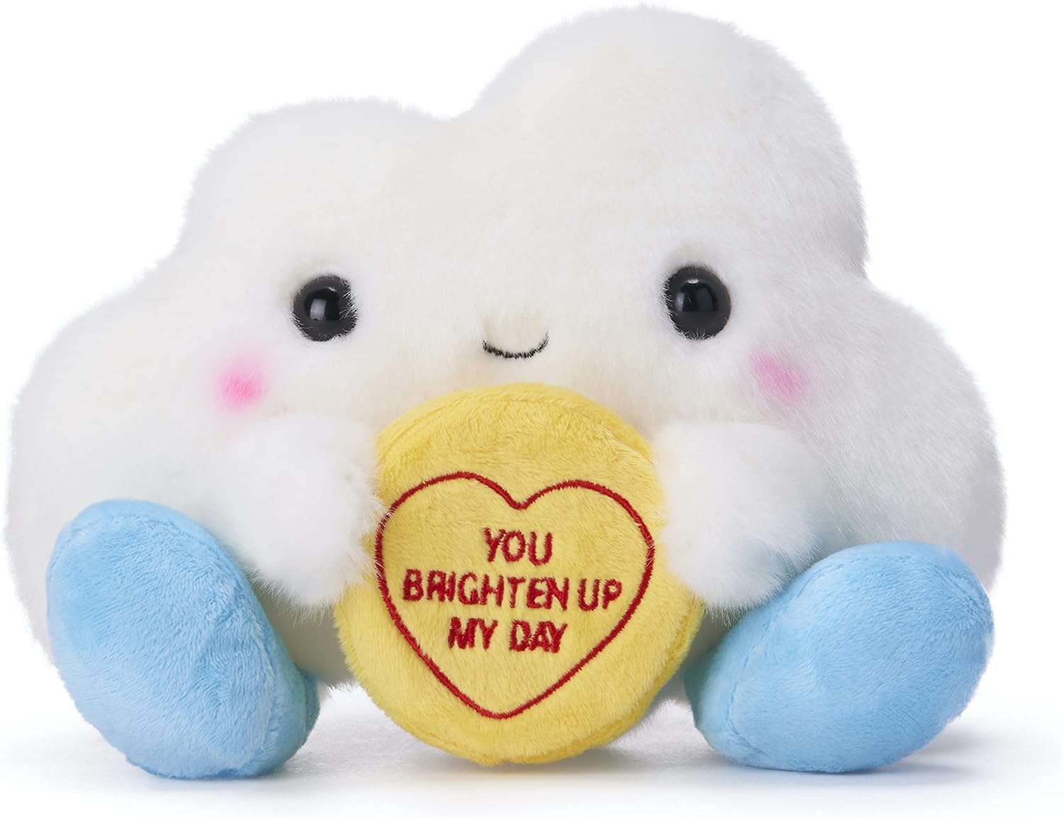 White cloud plush holding a yellow heart with red text.