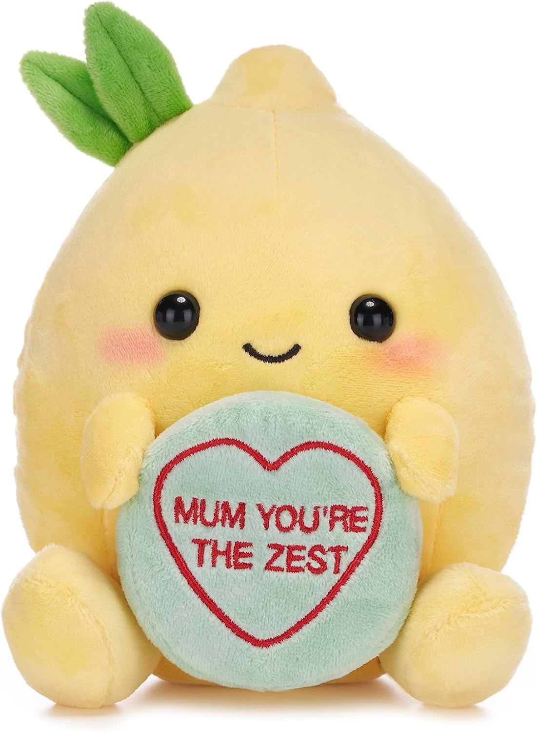 Yellow lemon-shaped plush toy holding a red heart with text.