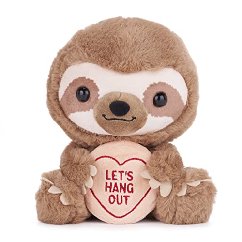 Brown sloth plush holding a pink heart with "Let's Hang Out".