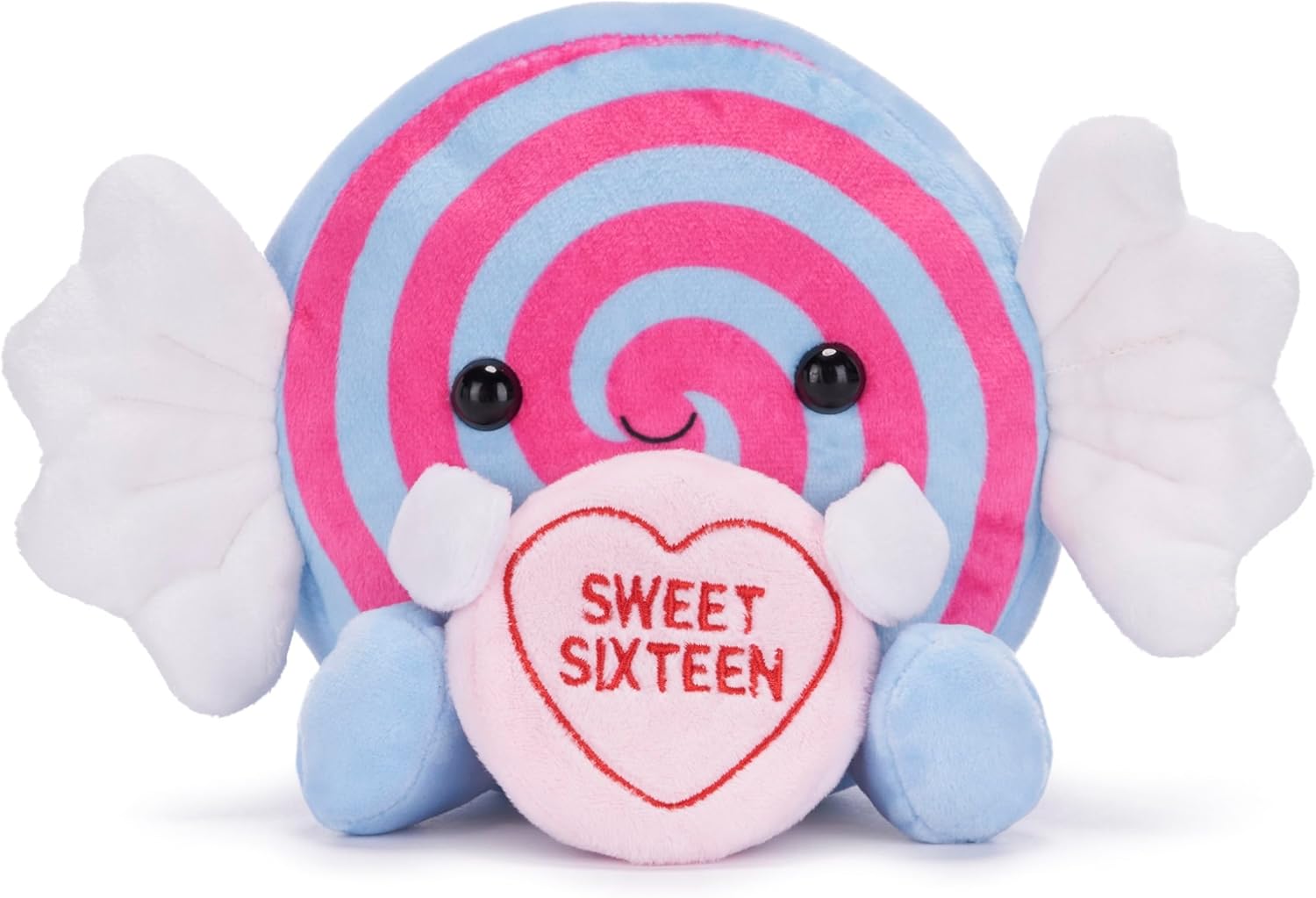 Pink and blue swirl lollipop plush with white wings and "Sweet Sixteen" heart.