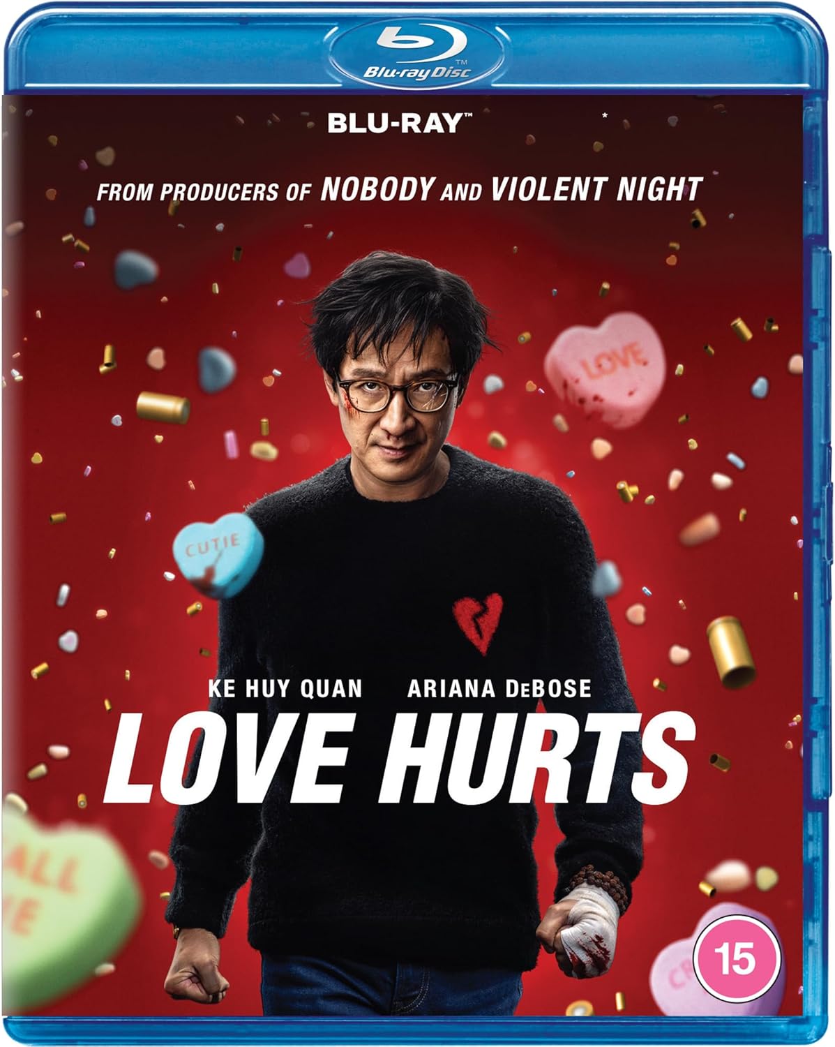 Blu-ray cover for "Love Hurts" featuring Ke Huy Quan amidst falling hearts.