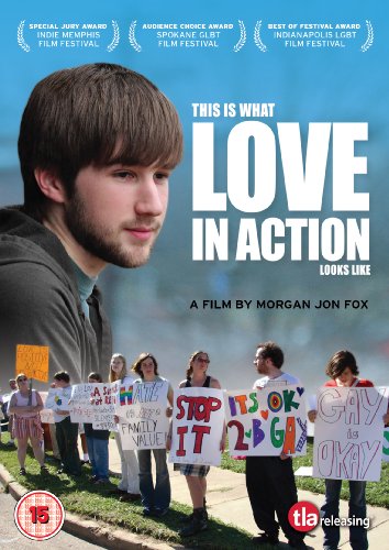 DVD cover for "Love In Action" featuring a young man and protestors.