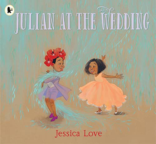 Two children in formal attire play together amidst falling teal confetti on a brown background.
