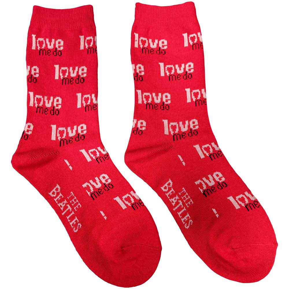 Blue sock with repeating "Love Me Do" text and a green apple logo.