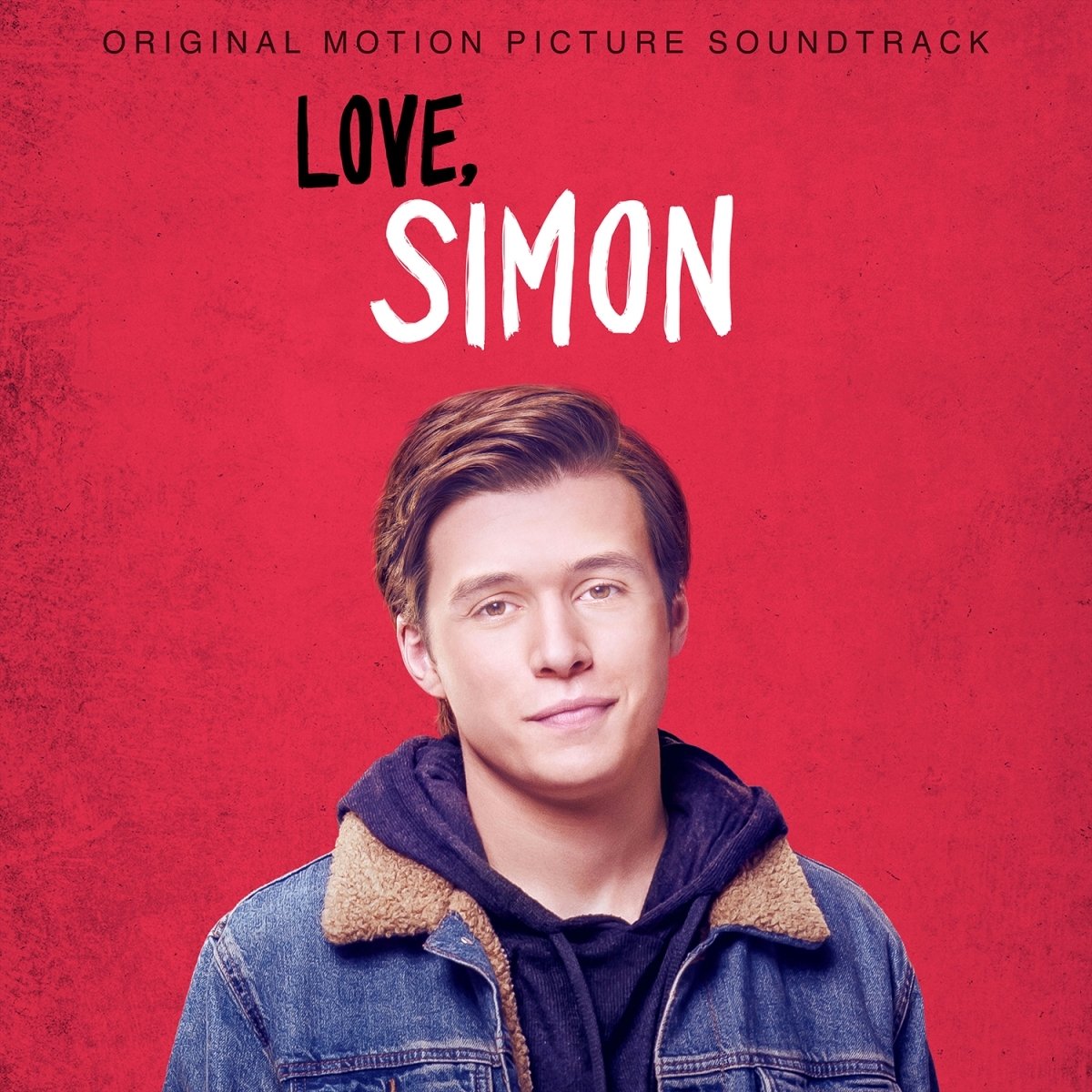 "Red album cover with a young man wearing a denim jacket, text reads 'Love, Simon'."