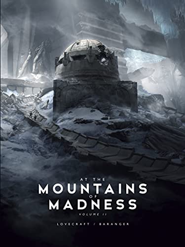 Book cover: icy mountains, ancient structure, and title “At the Mountains of Madness.”