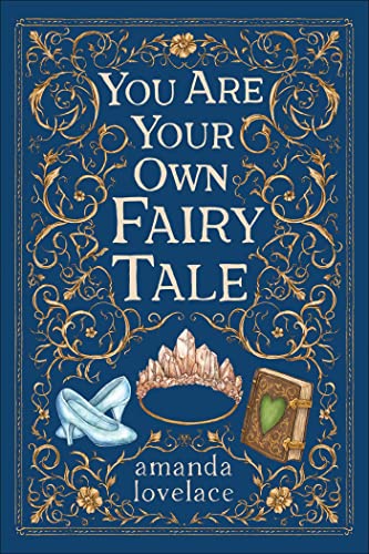 Book cover with gold flourishes, glass slipper, crown, and heart-shaped book.