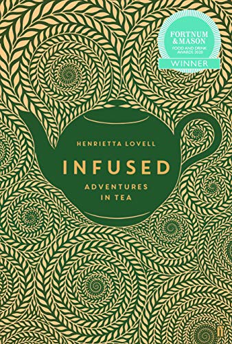 Book cover: green teapot on patterned beige background, title “Infused”.