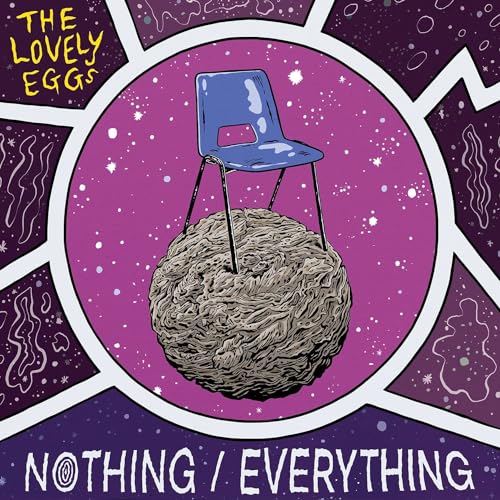 A blue school chair sits atop a textured grey sphere against a purple background.