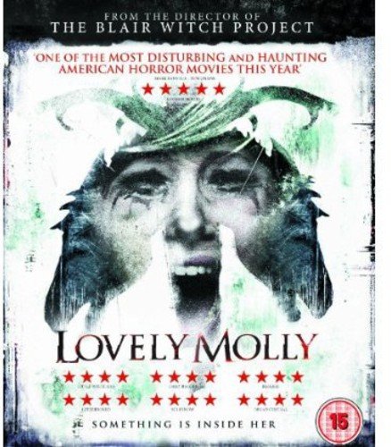 Lovely Molly" Blu-ray cover featuring a distressed woman's face and shadowy figures.