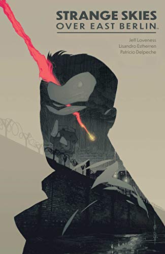 Book cover: Silhouette of a man with a bird head, red streak, city below.