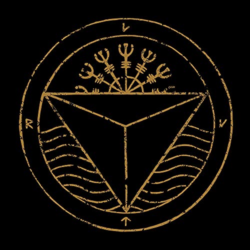 A distressed gold circular emblem featuring a central triangle, waves, and sun-like symbols.