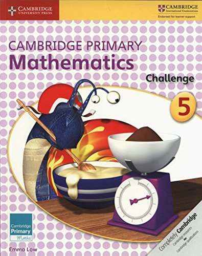 Textbook cover for Cambridge Primary Mathematics Challenge 5 featuring a cartoon snail cooking.