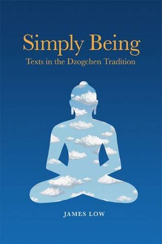 Book cover titled Simply Being with a silhouette of Buddha filled with blue sky.