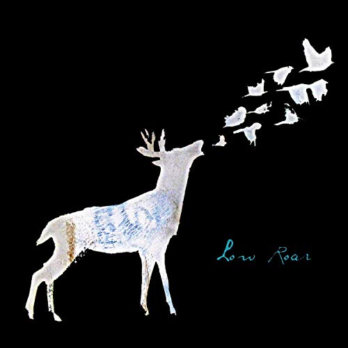 White stag with birds flying from its mouth on black background.