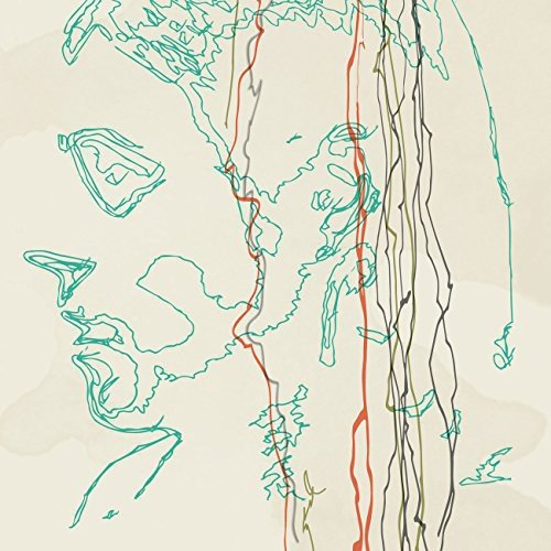 Abstract line drawing of a face in teal, red, and brown tones.